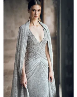 Platinum Dust Gown With Cape