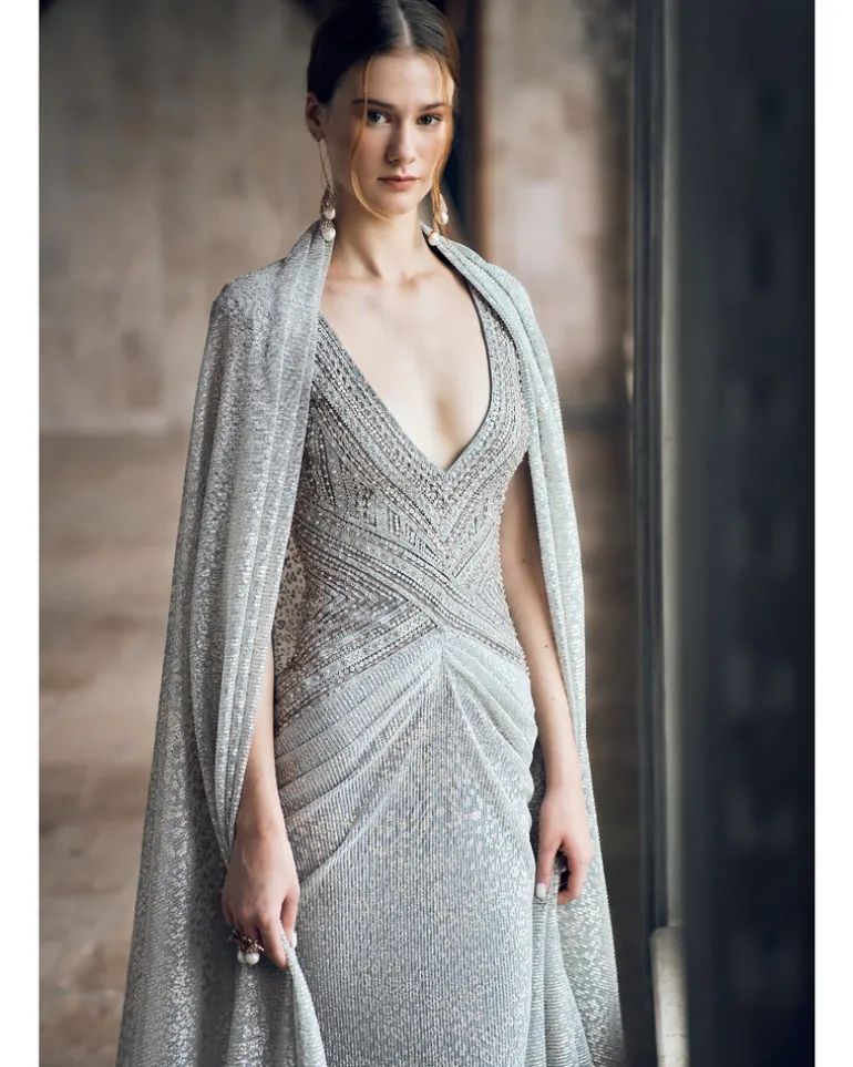 Platinum Dust Gown With Cape