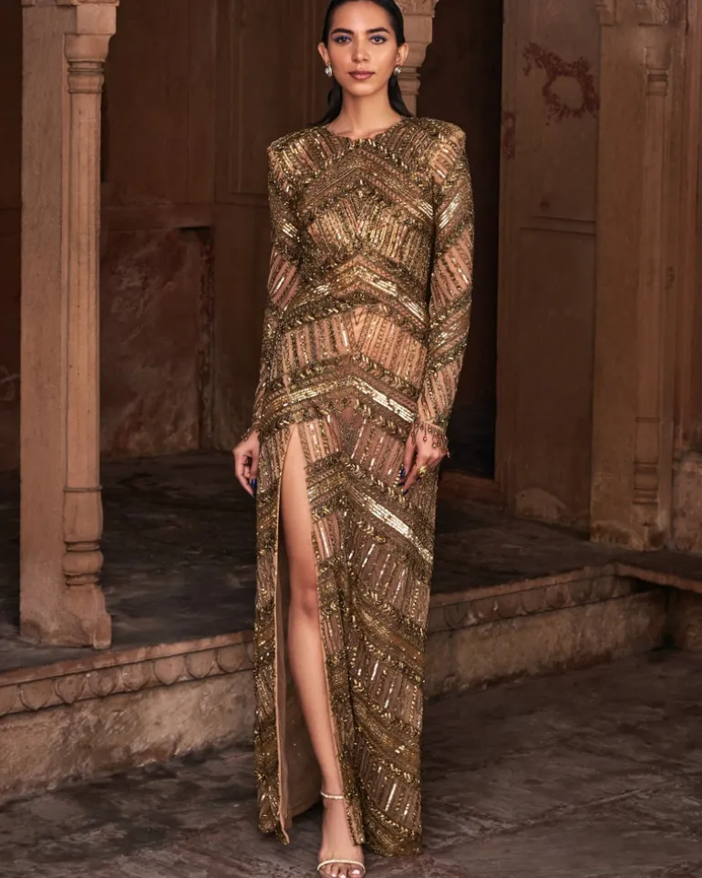 Pocahontas Metallic Gold Embroidered Gown