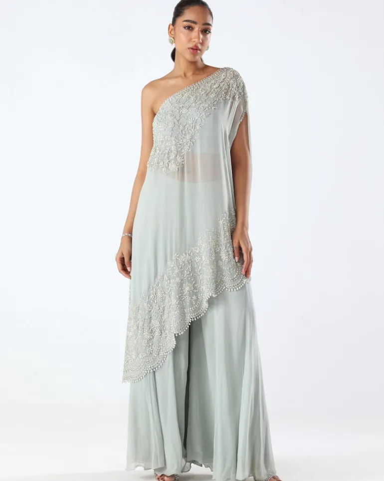 Powder Blue Embroidered One Shoulder Kaftan & Sharara Set