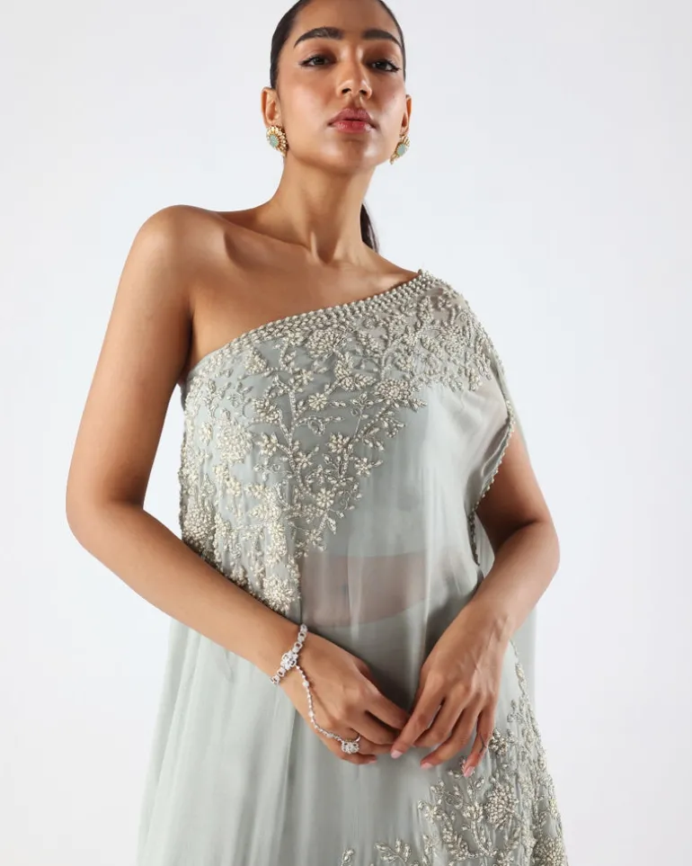 Powder Blue Embroidered One Shoulder Kaftan & Sharara Set