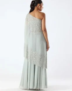 Powder Blue Embroidered One Shoulder Kaftan & Sharara Set