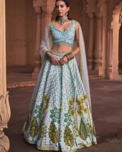 Powder Blue Floral Print and Embroidered Lehenga Set