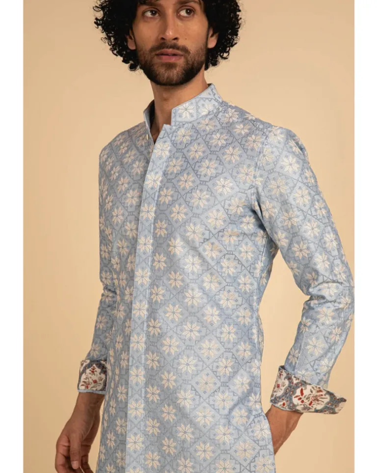 Powder Blue Front Open Kurta Set