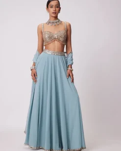 Powder Blue Mirror Embroidered Sharara Set