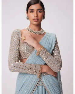 Powder Blue Multi Tier Hand Embroidered Sari Set