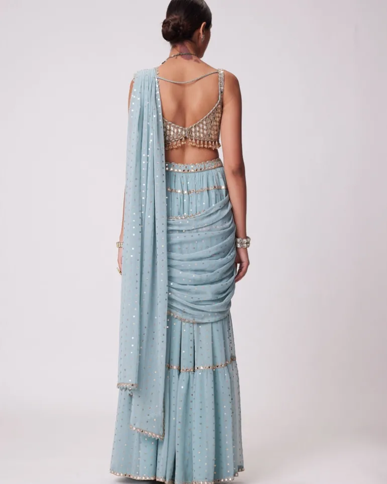 Powder Blue Multi Tier Hand Embroidered Sari Set