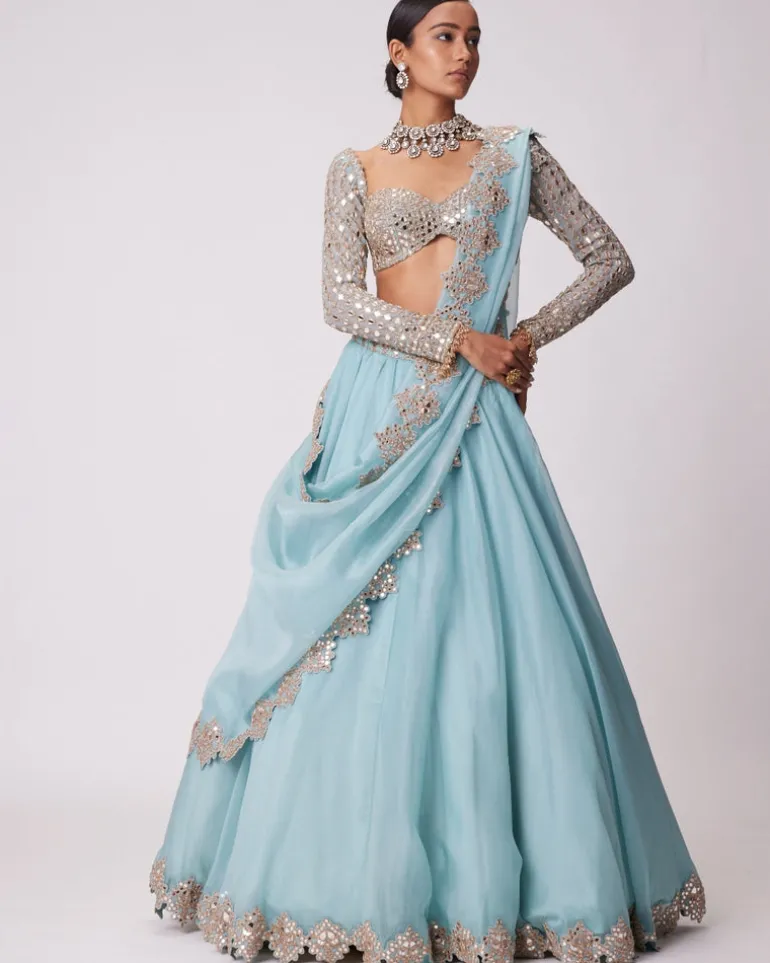Powder Blue Organza Mirror Embroidered Lehenga Set