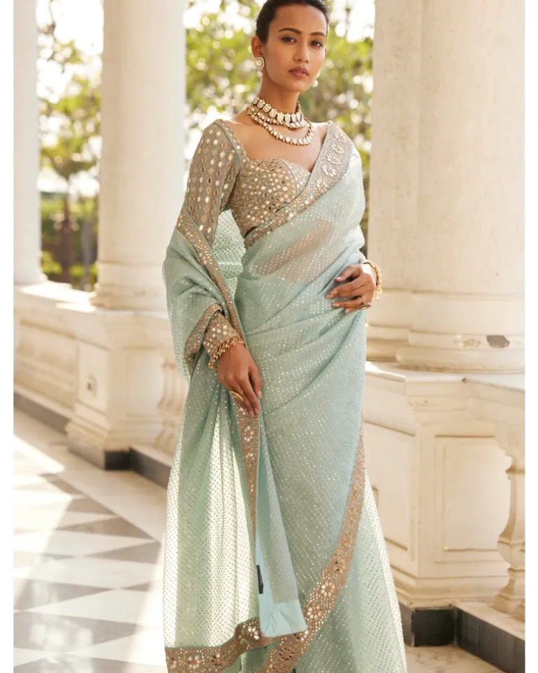 Powder Blue Organza Sari Set
