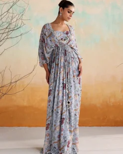 Powder Blue Printed Embellished Kaftan