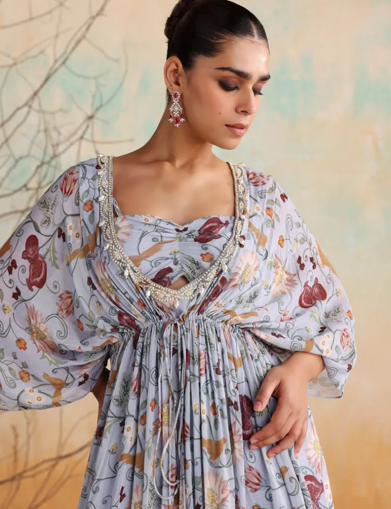 Powder Blue Printed Embellished Kaftan