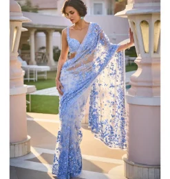 Powder Blue Three - Dimensional Floral Sari