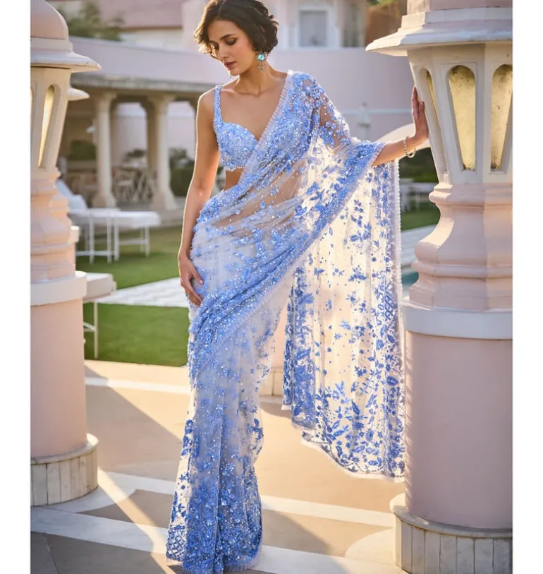 Powder Blue Three - Dimensional Floral Sari