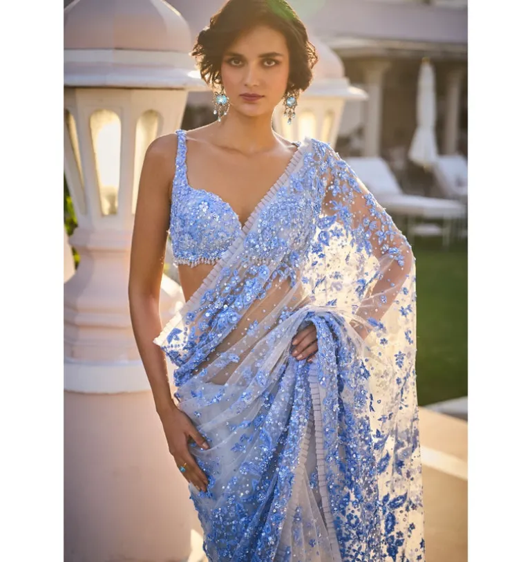 Powder Blue Three - Dimensional Floral Sari