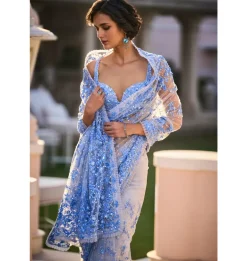 Powder Blue Three - Dimensional Floral Sari