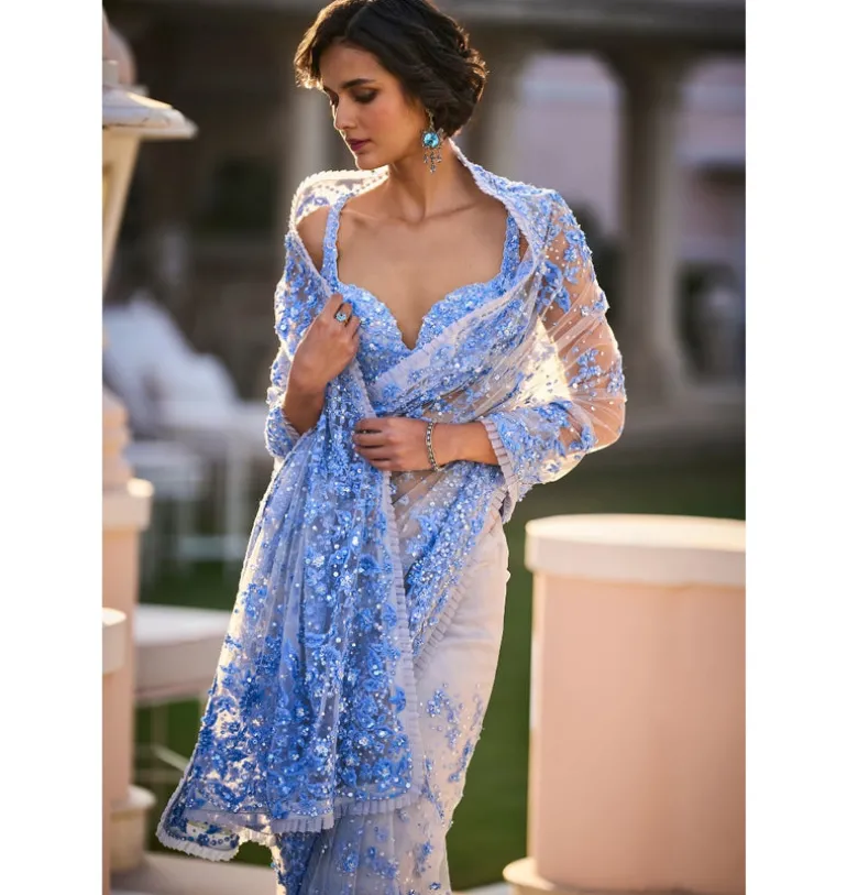 Powder Blue Three - Dimensional Floral Sari