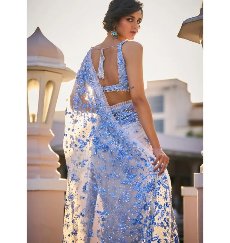 Powder Blue Three - Dimensional Floral Sari