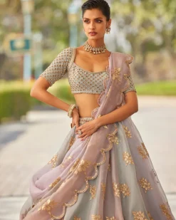 Powder Grey Flower Lehenga Set