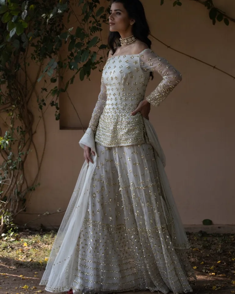 Powder Grey Off Shoulder Bootie Kurti And Sharara Set