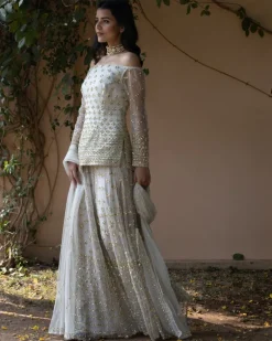 Powder Grey Off Shoulder Bootie Kurti And Sharara Set