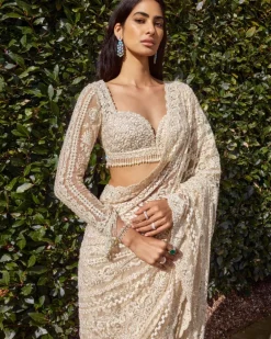 Powder Peach Stripe Sari Set