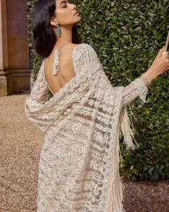 Powder Peach Stripe Sari Set