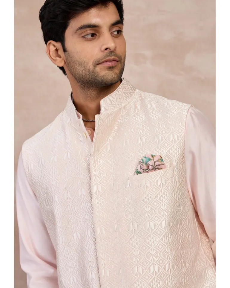 Powder Pink Plain Chanderi Straight Kurta Set
