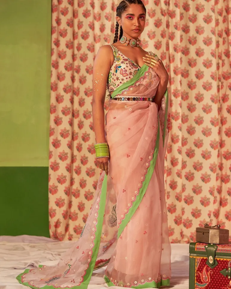 Powder Pink Silk Organza Embroidered Sari Set
