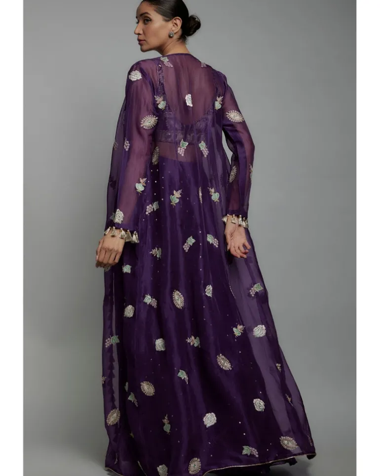 Purple Embroidered Bustier With Embroidered Jacket And Sharara Set