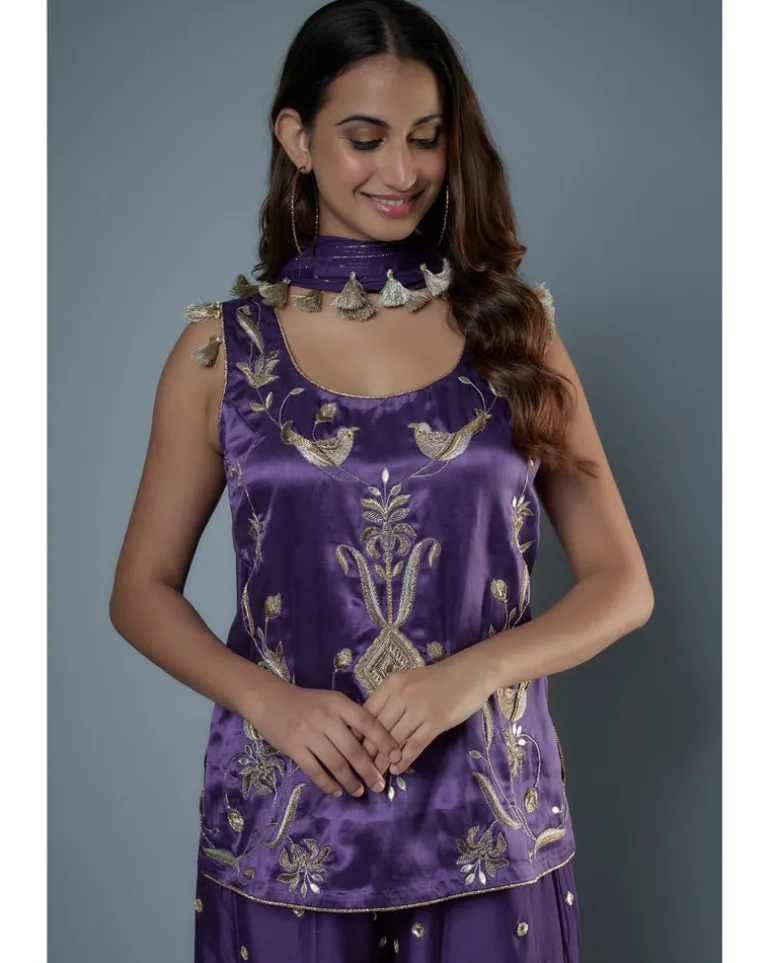 Purple Embroidered Kurta And Sharara Set