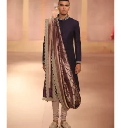 Purple Texture Embroidered Sherwani Set