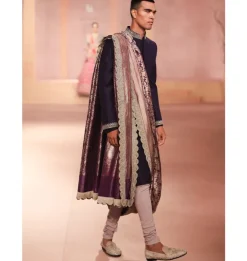 Purple Texture Embroidered Sherwani Set