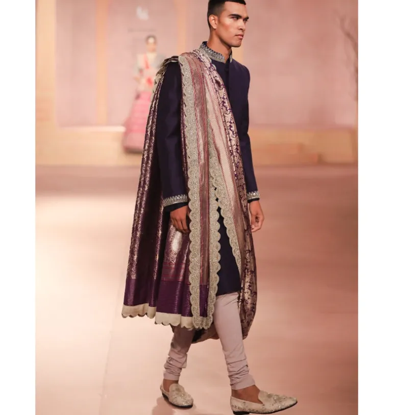 Purple Texture Embroidered Sherwani Set