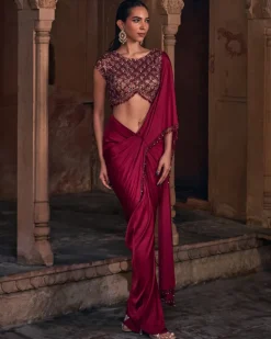 Rachel Maroon Embroidered Sari Set
