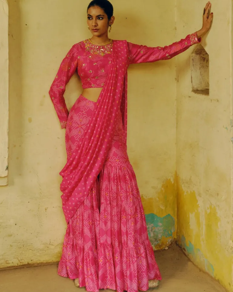 Rani Pink Bandhej Sharara Sari Set