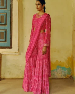 Rani Pink Bandhej Sharara Sari Set