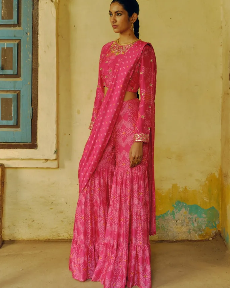 Rani Pink Bandhej Sharara Sari Set