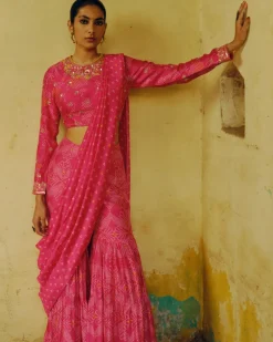 Rani Pink Bandhej Sharara Sari Set