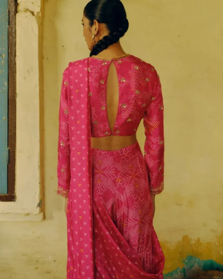 Rani Pink Bandhej Sharara Sari Set