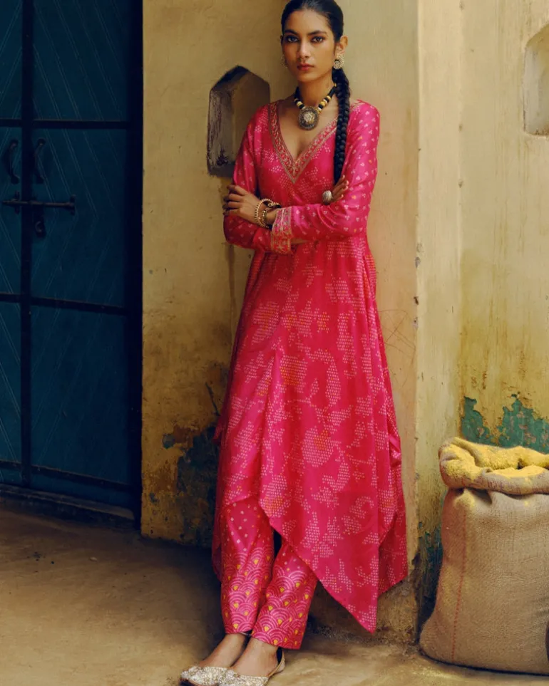 Rani Pink Bandhej Tunic Kurta Set