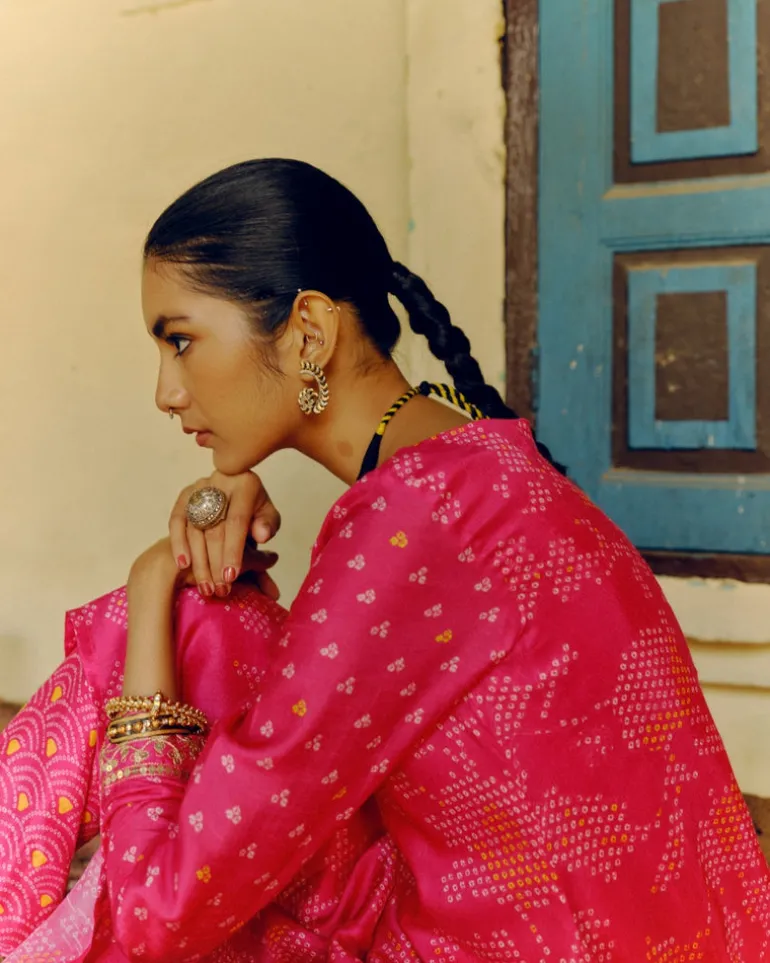 Rani Pink Bandhej Tunic Kurta Set