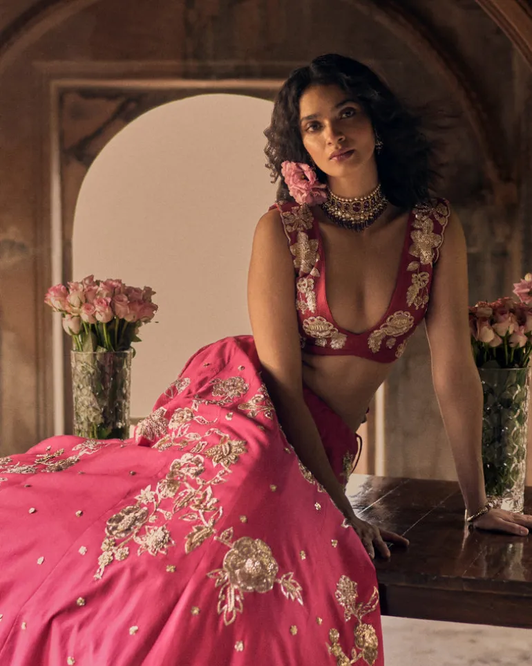 Rani Pink Motif Placement Lehenga Set