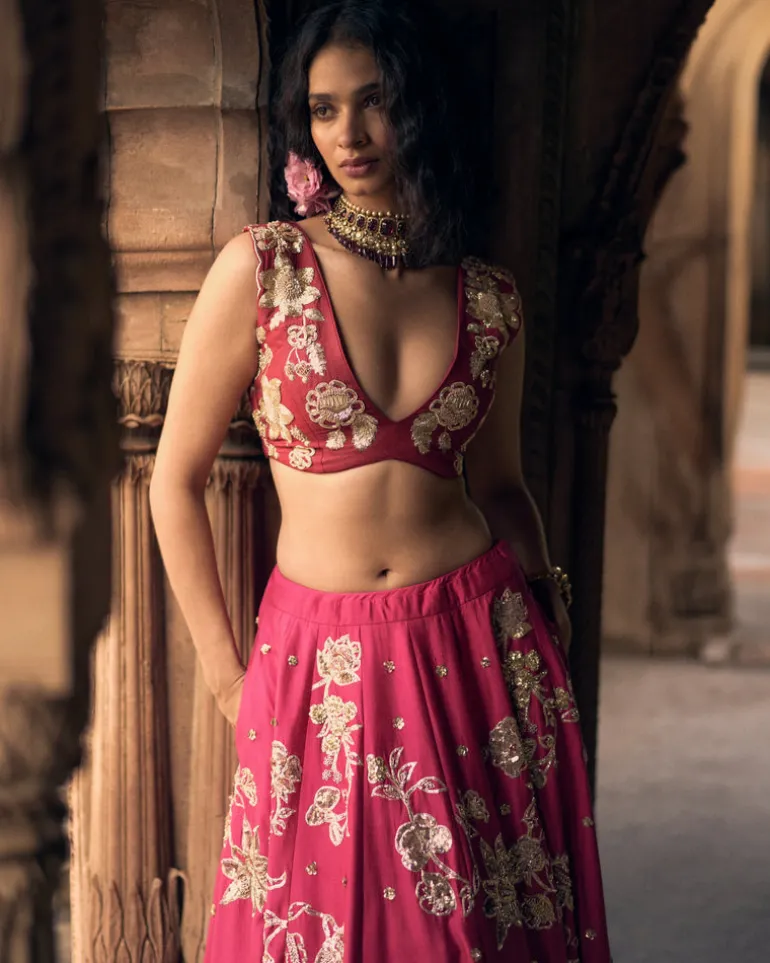 Rani Pink Motif Placement Lehenga Set