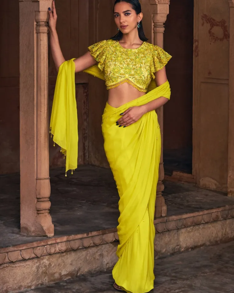 Raya Yellow Embroidered Sari Set