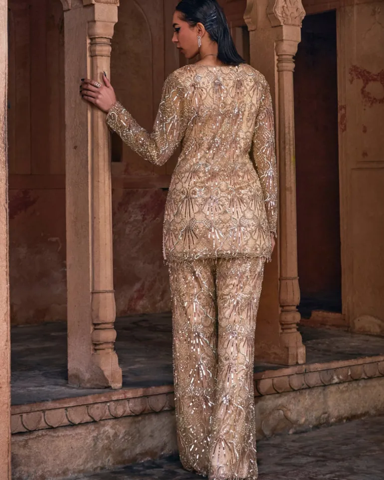 Razel Champagne Gold Embroidered Kurti Set