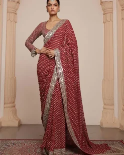 Red And Beige Gold Star Sari Set