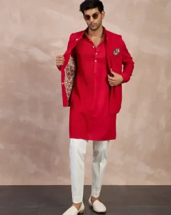 Red Basic Pin tucks Nehru Jacket Set