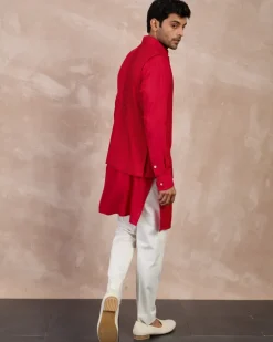 Red Basic Pin tucks Nehru Jacket Set