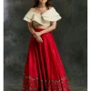 Red Border Lehenga With Off Shoulder Crop Top
