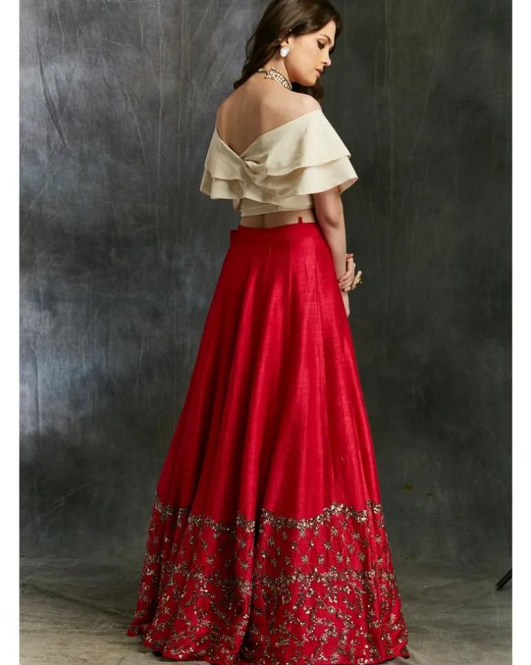 Red Border Lehenga With Off Shoulder Crop Top